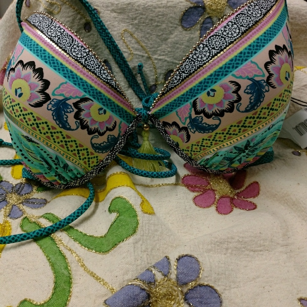 Turqoise Bikini top with gold beading and tassel